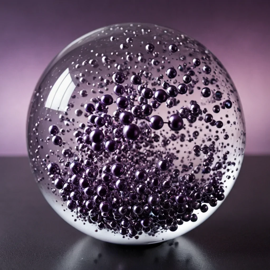 A closeup, eyelevel shot of a suspended, transparent sphere filled with a slowmoving, viscous fluid in shifting shades of deep plum and midnight blue. The interior contains a dense, chaotic swarm of tiny, metallic silver spheres that are not solid, but hollow, each reflecting the surrounding environment with perfect clarity. These spheres are held in place by a delicate, invisible magnetic field, creating a dynamic, swirling pattern that resembles a miniature galaxy. The outer shell of the large sphere is made of ultrathin, flexible glass with a subtle, hexagonal pattern etched into its surface, catching the soft, diffused light from an unseen source above. The background is a blur of soft, pastel pink and lavender hues, suggesting a dreamlike,