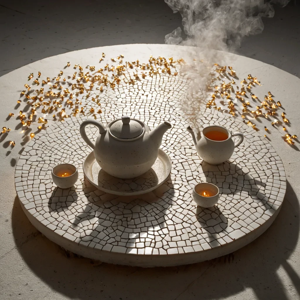 A hyperrealistic, highangle photograph of a vast, sunbleached salt flat where the ground is cracked into a perfect, geometric mosaic of interlocking, threedimensional puzzle pieces, each made of translucent, amber resin that glows with an internal, warm, pulsating light. In the center of the mosaic, a single, pristine, white ceramic tea set sits on a small, floating platform of solidified mist, perfectly balanced without any visible support. The steam rising from the teapot is not vapor but a stream of tiny, luminous, golden fireflies that swirl in a complex, mathematical spiral pattern before dissipating into the dry, hazy air. The lighting is harsh and direct, casting sharp, long shadows from the raised