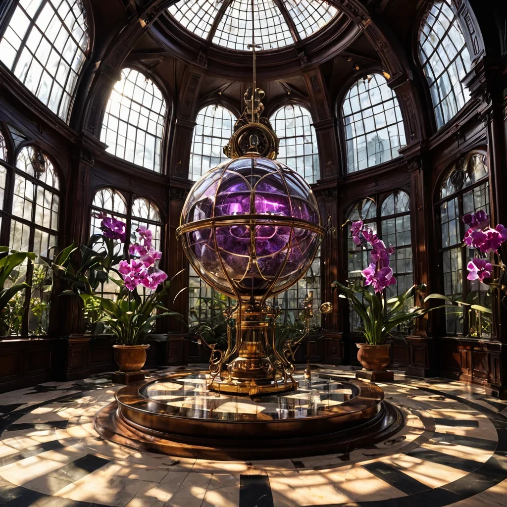 A hyperrealistic, eyelevel perspective of a vast, indoor botanical conservatory constructed entirely from transparent, honeycombpatterned glass panels and brass fittings, situated within the hollowedout interior of a colossal, ancient clocktower. The central atrium houses a suspended, spherical garden of bioluminescent orchids in shades of electric violet and soft peach, their petals pulsing with a gentle, rhythmic glow that illuminates the surrounding dark, polished mahogany walls. In the foreground, a vintage, mechanical armillary sphere made of gold and obsidian rotates slowly, casting intricate, geometric shadows that dance across the checkered marble floor. Sunlight streams through high, arched clerestory windows, creating sharp, volumetric beams that cut