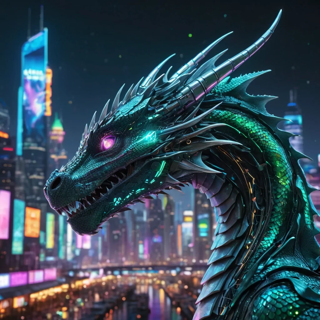 A hyperrealistic, 4K, ultra HD portrait of a cybernetic dragon, its iridescent scales shimmering with the colors of a neondrenched futuristic city at night. The dragons eyes, a deep, enigmatic emerald, hold the secrets of a thousand digital realms. Its wings, a cascade of shimmering, holographic circuitry, gently pulse with each beat of its mechanical heart. The background is a surreal, hightech skyline filled with floating holographic advertisements and the soft glow of neon signs. Cinematic lighting accentuates the dragons otherworldly beauty, while a subtle bokeh effect blurs the neonlit cityscape, creating an intimate, focused atmosphere.