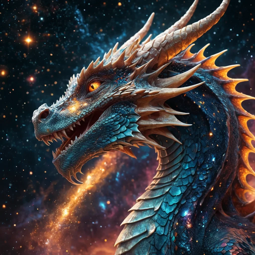 A hyperrealistic, 4K, ultra HD portrait of a celestial dragon, its scales shimmering with the colors of a distant supernova. The dragons eyes, a deep, enigmatic amber, hold the secrets of a thousand cosmic mysteries. Its wings, a cascade of shimmering, stardustlike particles, gently pulse with each beat of its celestial heart. The background is a surreal, interstellar landscape of swirling galaxies and floating nebulae, with the distant hum of cosmic phenomena and the soft glow of starlight casting an ethereal ambiance. Cinematic lighting accentuates the dragons otherworldly beauty, while a subtle bokeh effect blurs the cosmic realm, creating an intimate, focused atmosphere.