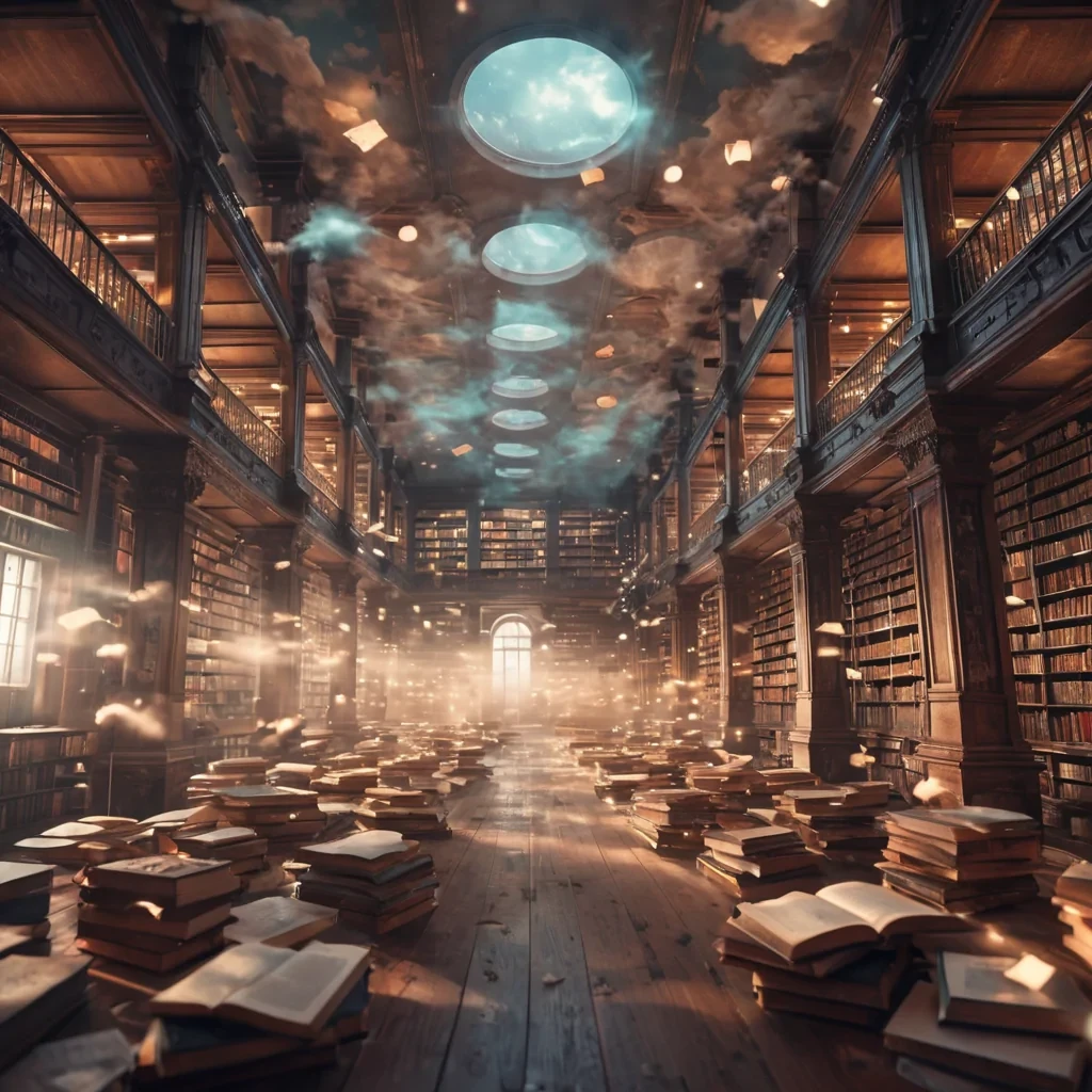 A vast, abandoned library floating in the clouds, its shelves filled with levitating, glowing manuscripts, hyperrealistic, ultra HD, cinematic lighting, volumetric lighting, atmospheric effects, dynamic lighting, bokeh effect, soft focus, lens flare, pastel tones, detailed textures.