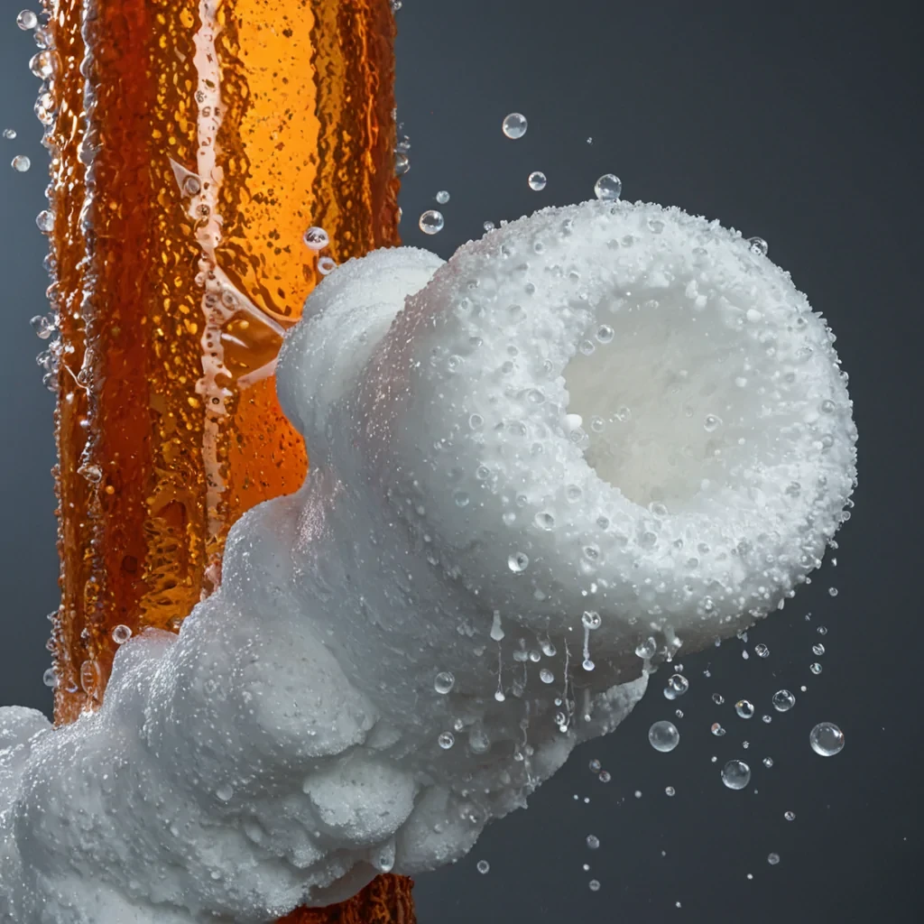 A lowangle, photorealistic closeup of a massive, vertical column of aerated, frothing white foam rising from a basin of dark, viscous petroleum jelly. The foam is not waterbased but composed of dense, creamy microbubbles, each distinct and spherical, creating a chaotic, textured column that stretches upward out of the frame. Embedded within the foam at various intervals are suspended, rigid geometric shapes perfect tetrahedrons and octahedrons made of transparent, bluetinted acrylic. Inside each acrylic shape, a single, frozen splash of molten copper metal is captured in midair, its surface cooling into a metallic orange and gold hue, contrasting with the cool blue of the plastic. The background is a seamless