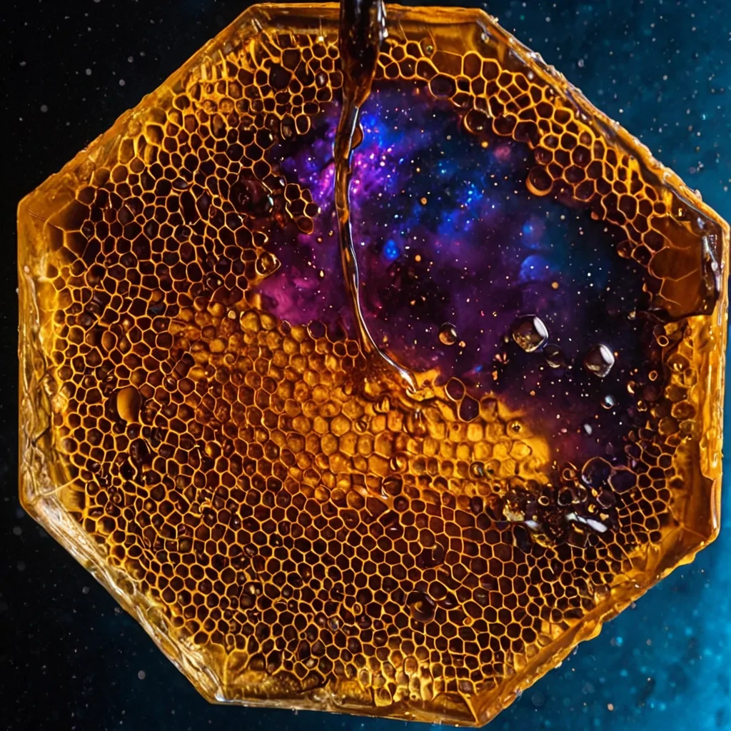 A vertical, extreme macro shot of a single, hyperdetailed honeycomb cell made of translucent, ambercolored beeswax, suspended in a void of deep, velvety black. Inside the hexagonal prism, instead of honey, floats a miniature, slowmoving galaxy composed of swirling, iridescent oil droplets in shades of electric blue, hot pink, and metallic gold. The wax walls are impossibly thin, with visible microscopic pores that emit a faint, rhythmic hum of warm, orange light, casting delicate, honeylike refractions onto the floating cosmic fluid within. The lighting is soft and directional from the upper left, highlighting the glossy, viscous texture of the oilgalaxy and the waxy, organic she
