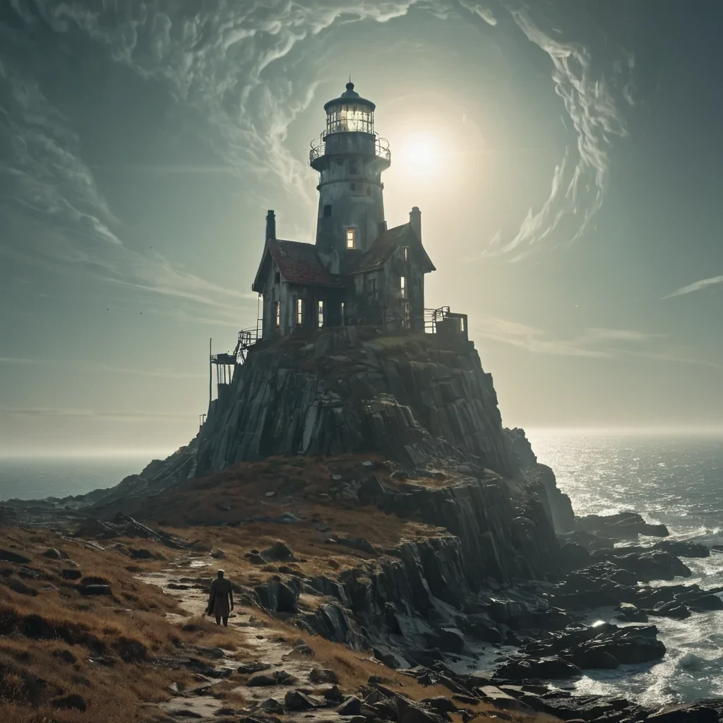 A colossal, ancient, derelict lighthouse, its rusted, skeletal frame looming over a desolate, mistkissed cliff, stands as a silent sentinel to a forgotten era. The lighthouses colossal, dormant lens, crafted from a labyrinth of interlocking, iridescent glass prisms, casts dynamic, ethereal shadows across the barren landscape, revealing intricate, ancient runes etched into the weathered, stonecovered terrain. Within, a lone, spectral figure, clad in a tattered, vintage lighthouse keepers uniform, drifts through the desolate space, their form composed of swirling, glasskissed motes of light. Ultra HD, cinematic volumetric