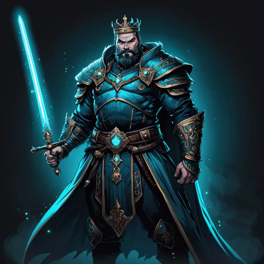 A modern handsome evil king has gotten chubby and grown a little beard with a sword in his hand