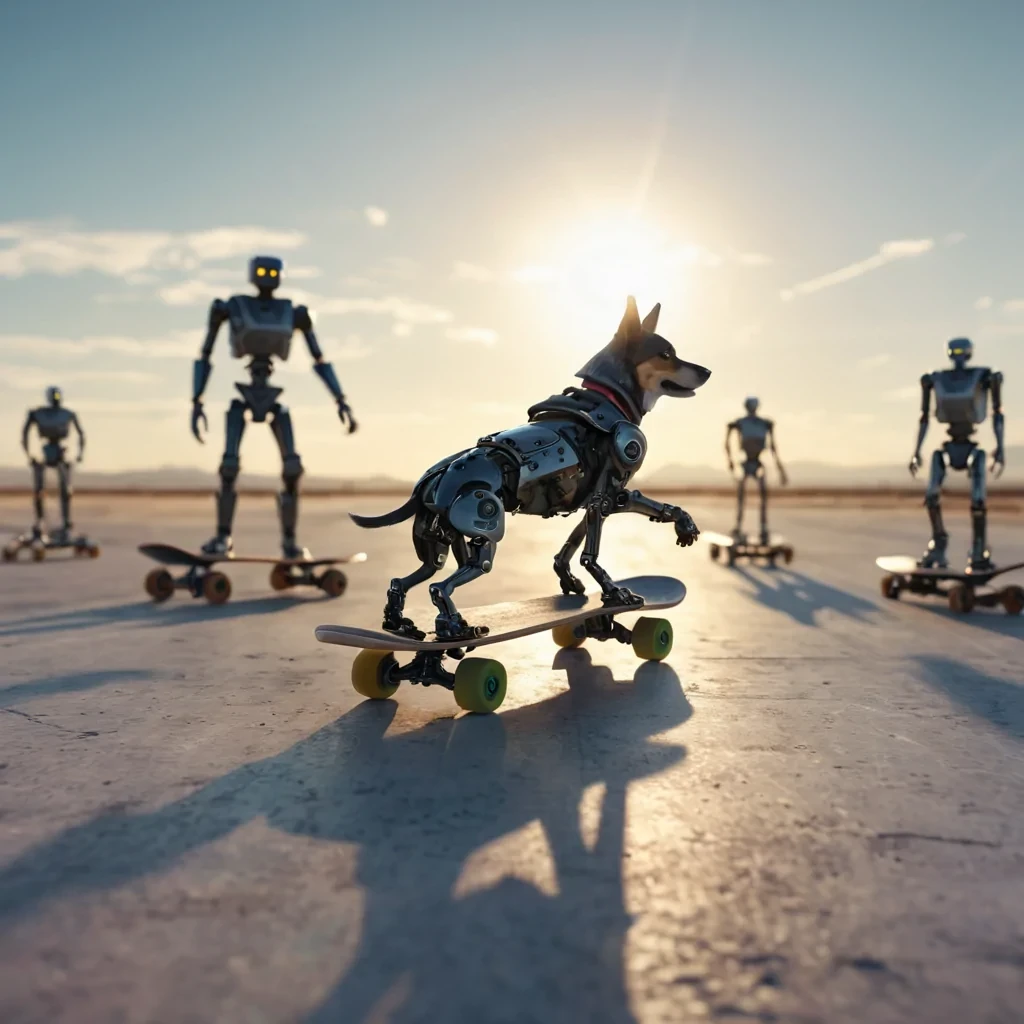 A lone figure skateboarding across a vast, mirrored plain, chased by a pack of mechanical, caninelike robots, hyperrealistic, 4K, cinematic lighting, volumetric lighting, atmospheric effects, dynamic lighting, bokeh effect, soft focus, lens flare, vibrant colors, detailed textures.