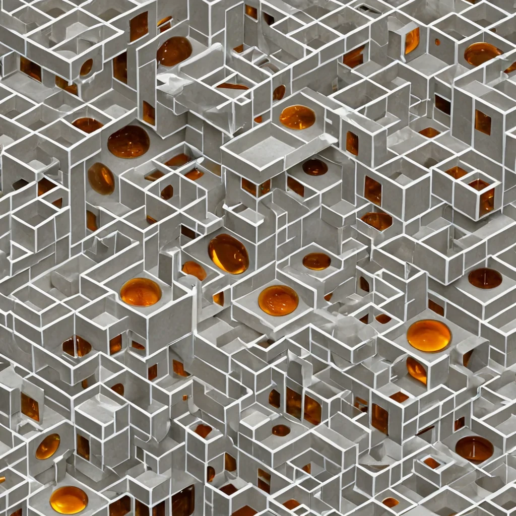 A horizontal, isometric rendering of a sprawling, modular cityscape constructed from thousands of interlocking, matte white ceramic tiles, each featuring a unique, embossed geometric pattern. The structures are arranged in a complex, fractal lattice that rises vertically in twisting spirals, defying conventional architectural logic. Suspended in the negative spaces between the ceramic blocks are numerous flat, circular discs of translucent, amber resin, each containing a preserved, ancient leaf with visible vein structures that glow with a faint, organic green light. The entire scene is bathed in a soft, diffused light source coming from the upper left, casting long, sharp shadows that emphasize the depth and texture of the ceramic surfaces. The background is a seamless, light gray gradient, isol