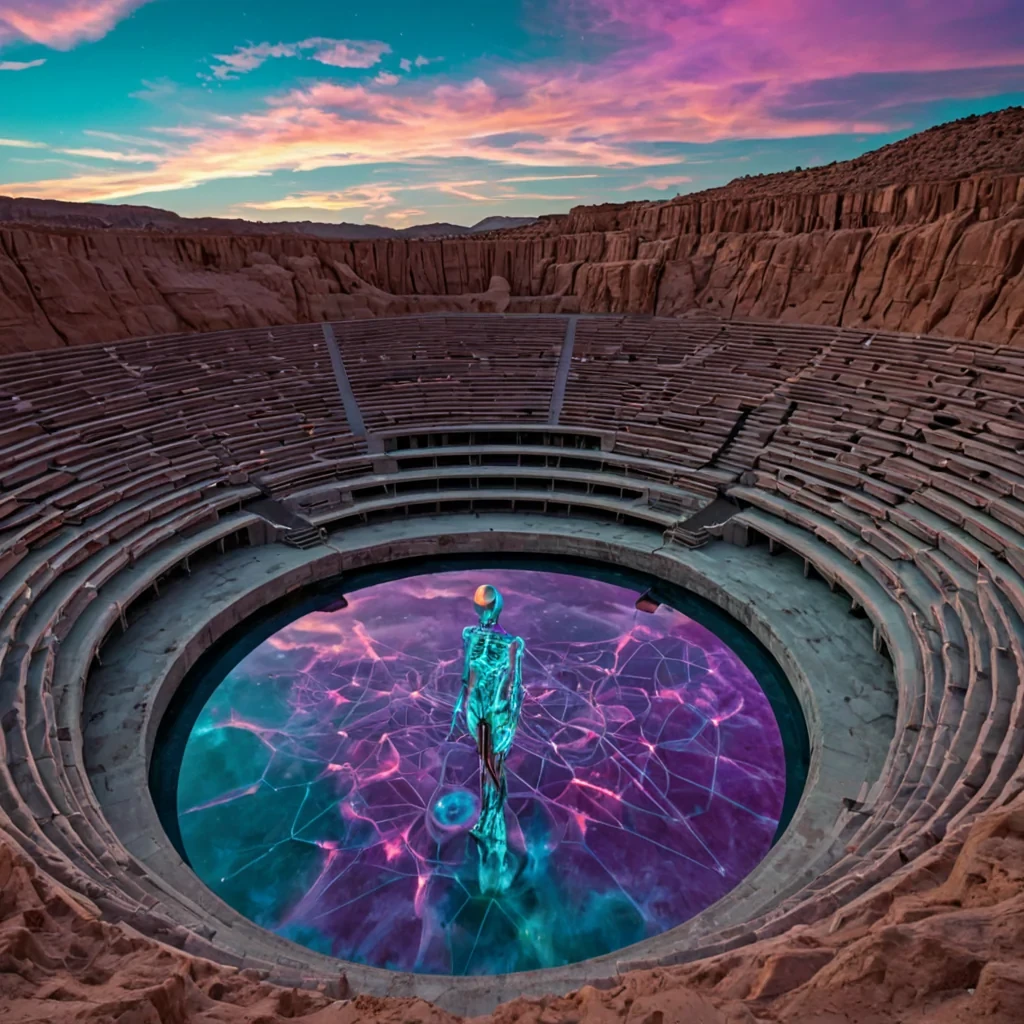 A wideangle, cinematic shot of a vast, openair amphitheater built into the side of a floating, porous limestone cliff in a highaltitude desert, where the seating tiers are formed by thousands of interlocking, geometric terracotta tiles in warm burntorange and ochre hues. The stage area is a massive, shallow basin filled with still, mirrorlike mercury that reflects a sky filled with swirling, iridescent oilslick clouds in shades of violet, teal, and gold. Suspended above the basin is a intricate, skeletal framework of thin, glowing neon filaments in soft pink and cyan, arranged in the shape of a delicate, abstract neural network. A solitary figure, dressed in a flowing, textured robe made of woven