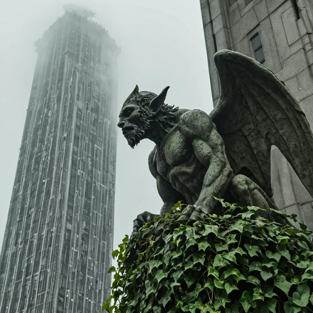 A photorealistic, lowangle closeup of a solitary, ancient stone gargoyle perched on a high cathedral ledge in a city defined by brutalist concrete and cascading vertical gardens of silverleafed ivy. The gargoyle is not stone, but a complex assembly of weathered bronze gears and polished onyx plates, with hollow eyes emitting a soft, steady crimson laser beam that pierces through a thick, swirling fog. The background features a towering skyscraper constructed entirely from stacked, translucent glass blocks filled with swirling, bioluminescent algae, creating a vibrant emerald glow that contrasts with the cold, gray morning light. Raindrops freeze in midair around the statue, captured with sharp focus, while the depth of