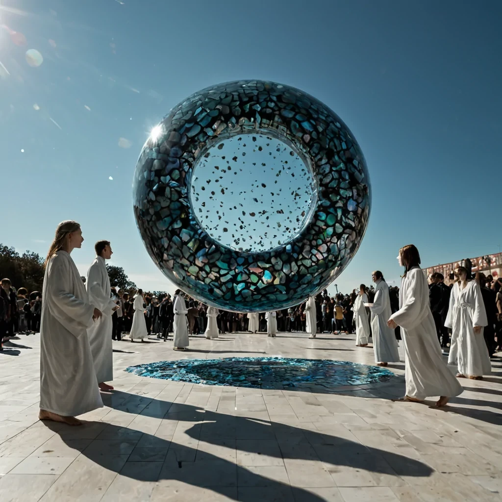 A horizontal, lowangle wide shot of a vast, sundrenched plaza paved with alternating tiles of polished obsidian and iridescent abalone shell, reflecting the intense, saturated colors of a surreal sky where two pastelhued moons hang close together. In the center of the frame, a massive, floating sculpture made entirely of interlocking, translucent geometric glass shards hovers silently, its internal structure revealing a slowchurning core of liquid gold and deep blue sapphire. Surrounding the sculpture, a crowd of figures dressed in minimalist, monochromatic white linen robes moves in synchronized, slowmotion strides, their shadows stretching long and sharp across the reflective floor. The air is thick with a haze of floating, tiny dandelionlike seeds that