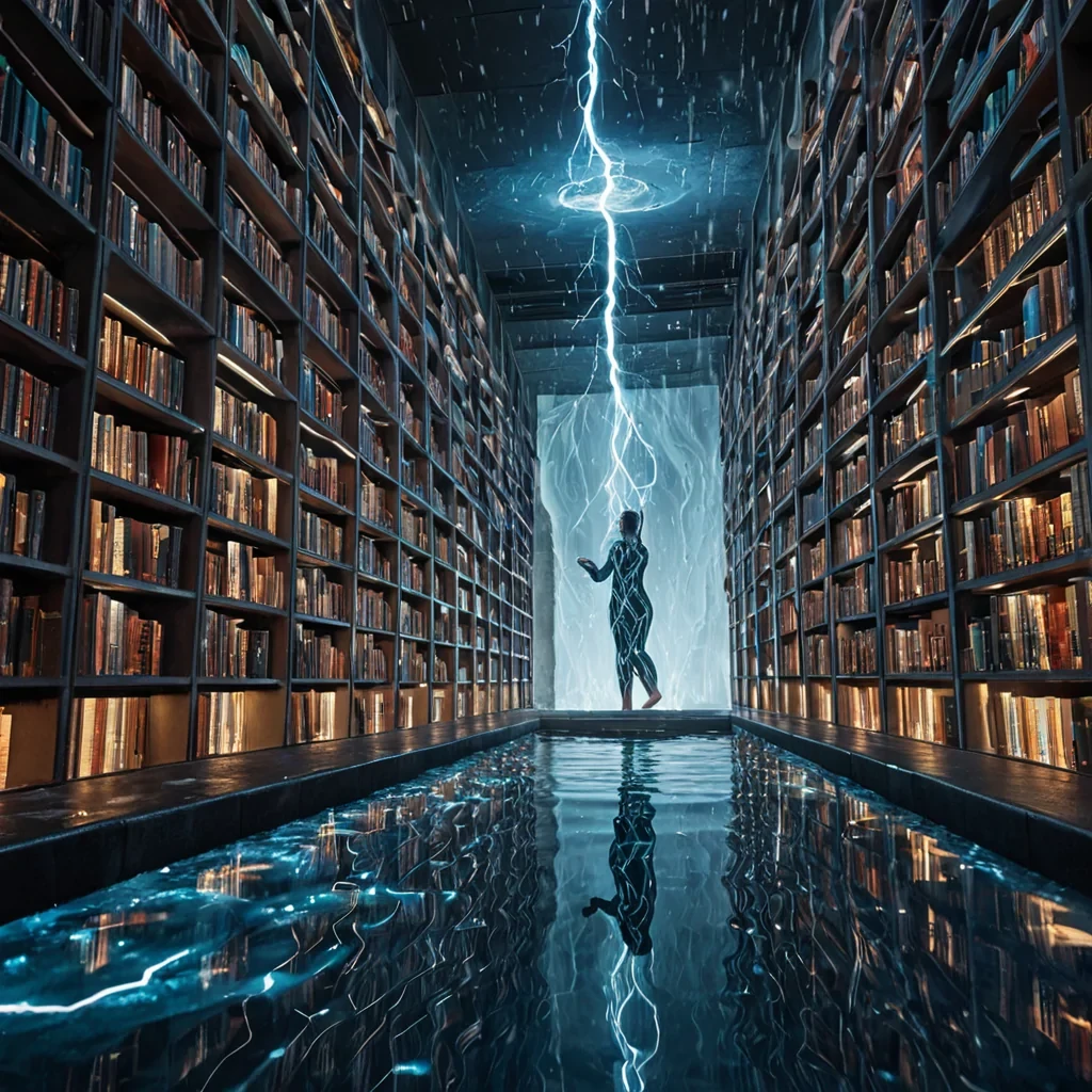 A hyperrealistic, eyelevel medium shot of a futuristic library where the architecture is formed by massive, vertical stacks of transparent, ambercolored resin blocks, each encapsulating a single, frozen moment of natural phenomenon such as a lightning strike or a bursting water droplet. The floor is a reflective pool of still, dark blue water that mirrors the glowing blocks above, creating an infinite vertical depth. In the foreground, a figure wearing a structured, iridescent textile suit with shifting holographic patterns stands barefoot on a narrow, floating stone bridge, holding a slender, glowing wand that emits a soft, warm light, illuminating the intricate details of the trapped phenomena within the nearest resin block. The lighting is cinematic and dramatic, with volumetric beams