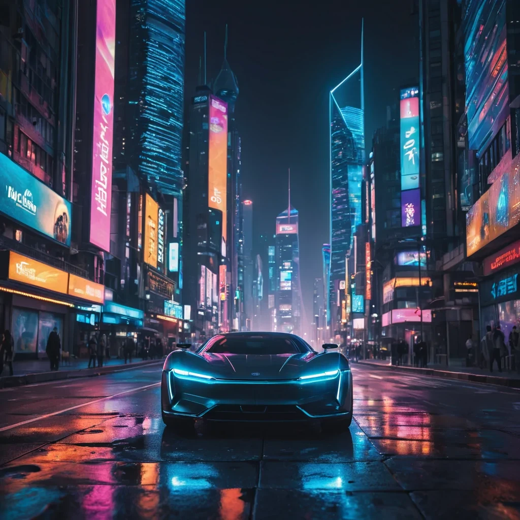 A hyperrealistic, 4K, ultra HD portrait of a neondrenched, hightech urban landscape at night. Towering skyscrapers, their facades shimmering with the colors of a vibrant, holographic cityscape. The foreground features a sleek, hovercar, its iridescent body gleaming under the volumetric lighting of a futuristic streetlamp. The background is a surreal, dynamic cityscape filled with floating advertisements and the soft glow of bioluminescent billboards. Cinematic lighting accentuates the citys otherworldly beauty, while a subtle bokeh effect blurs the neonlit streets, creating an intimate, focused atmosphere.