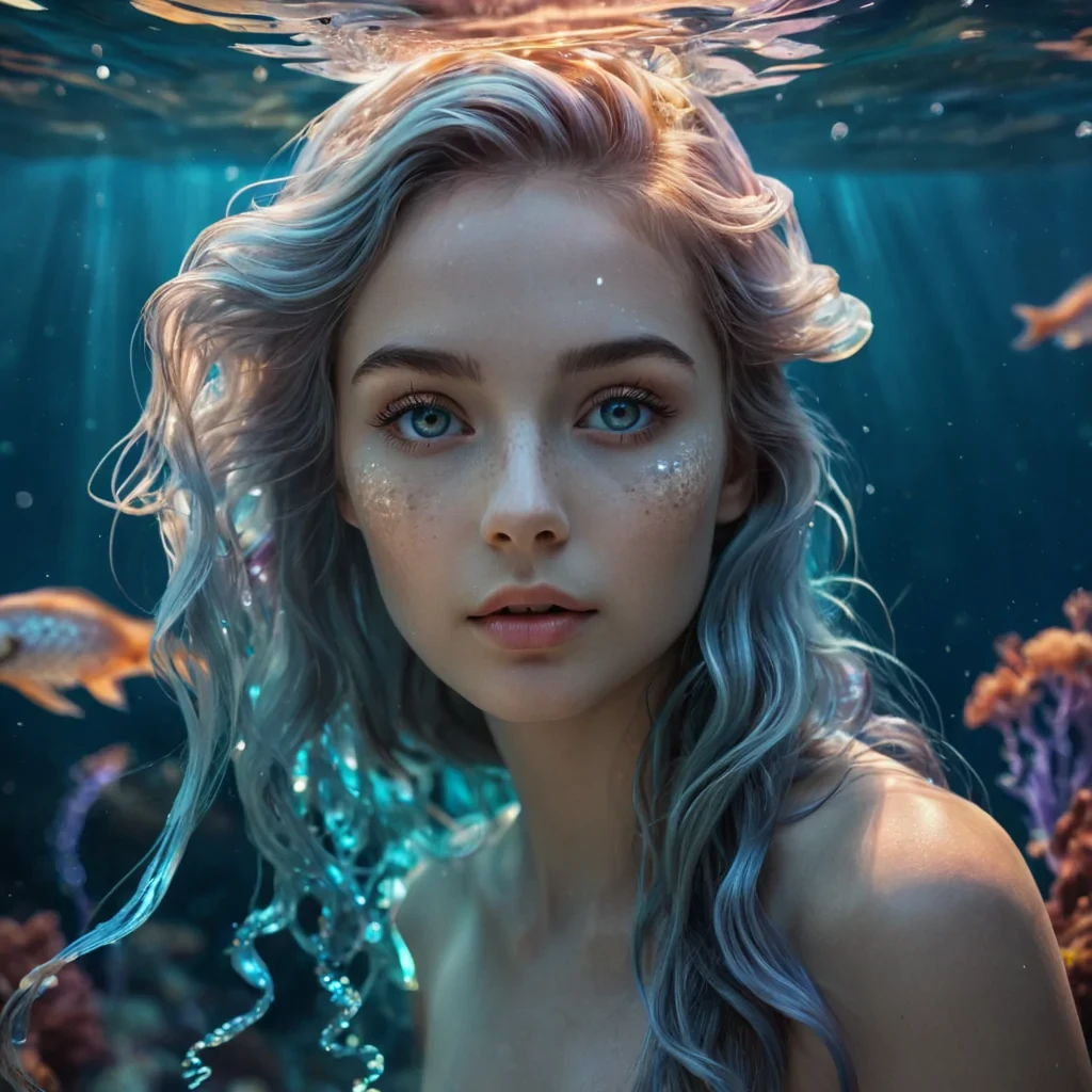 A hyperrealistic, 4K, ultra HD portrait of a celestial mermaid, her iridescent scales shimmering with the hues of a sunset over the ocean. The mermaids eyes, a deep, oceanic blue, glow with an inner light, and her hair flows like liquid silver, cascading down her back in a mesmerizing, bokeh effect. The background is a vast, surreal underwater world, with ethereal jellyfish floating by and schools of bioluminescent fish creating a soft, ambient glow. Cinematic lighting from a distant, pulsating coral reef accentuates the mermaids otherworldly beauty, while a soft focus blurs the enchanting aquatic surroundings, creating a dreamlike atmosphere.