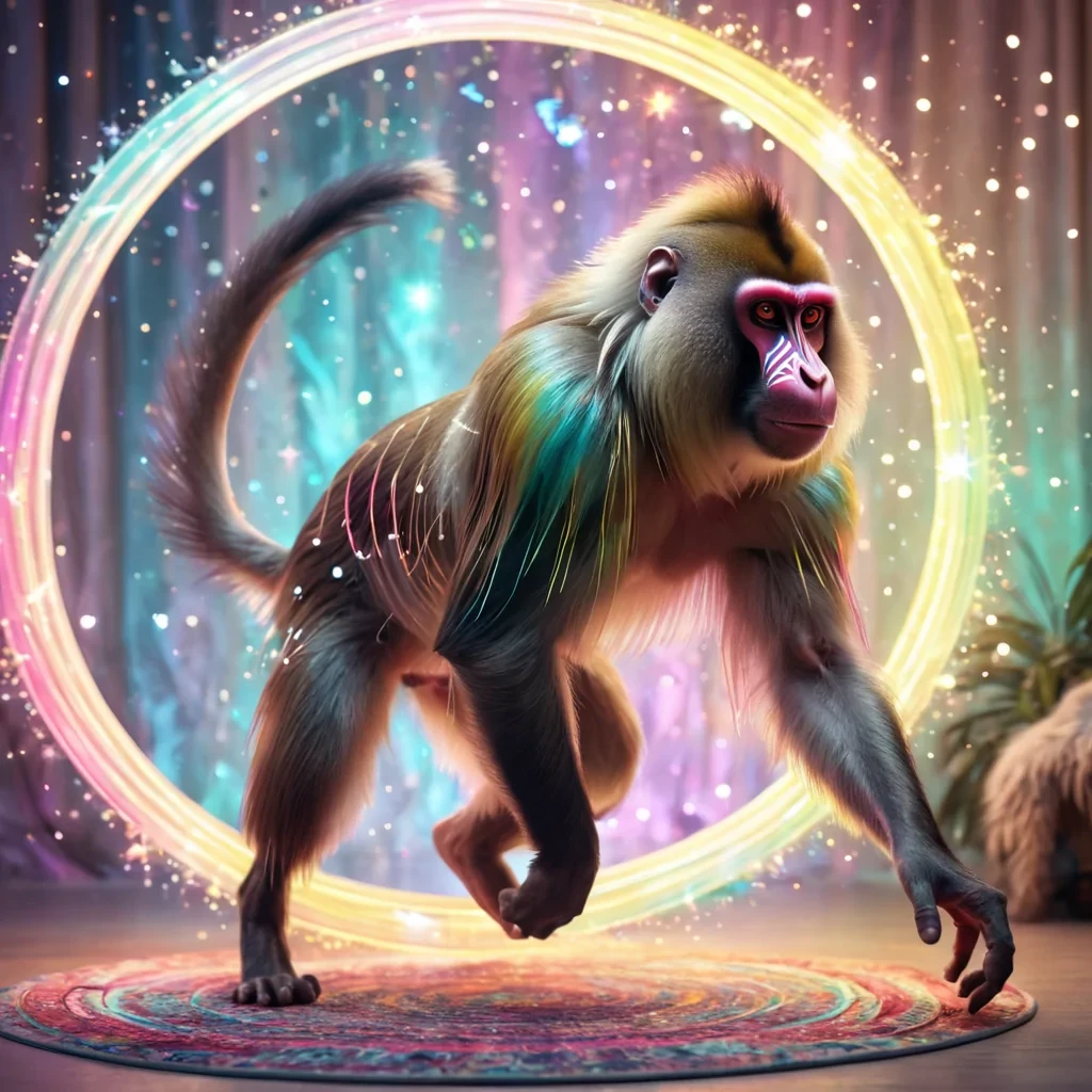 Hyperrealistic luminescent mandrill with iridescent fur, acrobatically swinging through a floating, geometric tapestry of reflective, swirling pastel stars, cinematic lighting with volumetric beams, soft focus on its agile, luminescent body, vibrant colors, 4K resolution, lens flare dancing around its ethereal form in a surreal, futuristic rainforest sanctuary.