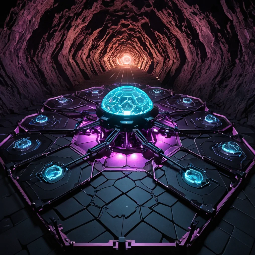 A wideangle, isometric cutaway view of a sprawling, subterranean data center housed within a colossal, hollowedout geode cavern, where millions of fiberoptic cables pulse with rhythmic waves of cyan and magenta light like glowing veins. The server racks are arranged in concentric, tiered terraces of brushed bronze and frosted glass, suspended by delicate magnetic tethers that hum with visible energy fields. In the foreground, a sleek, autonomous maintenance drone with a hexagonal body and rotating camera lenses hovers near a cluster of glowing crystal drives, its underbelly casting a sharp, geometric shadow on the polished obsidian floor. The air is thick with a fine mist of ionized particles that scatter the light into