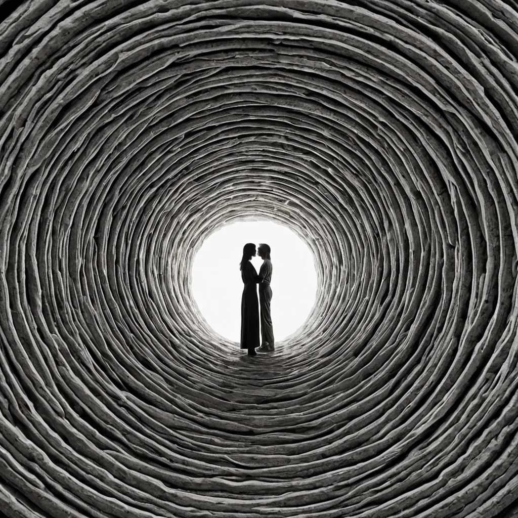 A single, selferoding thread of solidified breath, shaped like a 5dimensional Mbius loop of inverted stillness and unformed presence, drifts through the center of a vast, inverted archive composed of the petrified whispers of a civilization that measured truth not by words, but by the duration of synchronized, silent gazes held just before the first eye was ever allowed to blink in mutual recognition. The thread does not unravelit unsees, each twist shedding a layer of perceptual potential that never coalesced into a shared glance, reforming into ephemeral, opalveined afterimages shaped like the negative space between two pupils that never dilated in unison during the same moment of mutual clarity.