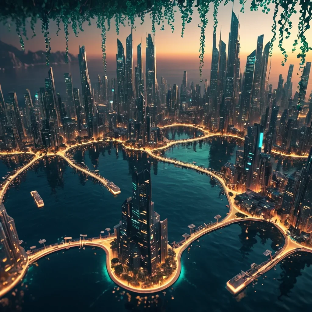 A futuristic, levitating cityscape with buildings made of intertwined, glowing vines, suspended over a vast, shimmering ocean, hyperrealistic, Ultra HD, cinematic lighting, volumetric lighting, atmospheric effects, bokeh effect, vibrant colors, detailed textures.