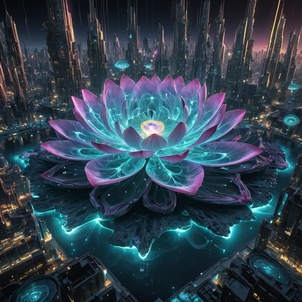 Photorealistic, colossal, inverted, fractal, opalescent, lotus metropolis, its hyperrealistic, 4K, gemstone structures unfurling ultra HD, zero gravity, aeroponic ecosystems. Volumetric lighting from unseen, pulsating, bioluminescent hearts etches the citys ethereal, labyrinthine architecture, casting intricate, dynamic, iridescent shadows on the inverted, reflective void. Cinematic lighting bathes the scene in vibrant, nebular hues, with lens flare emphasizing the citys central, radiant, throbbing, opalescent heart, pulsating with captive, alien, aerothermal energy. Photorealistic, fractal, gemstone structures unf