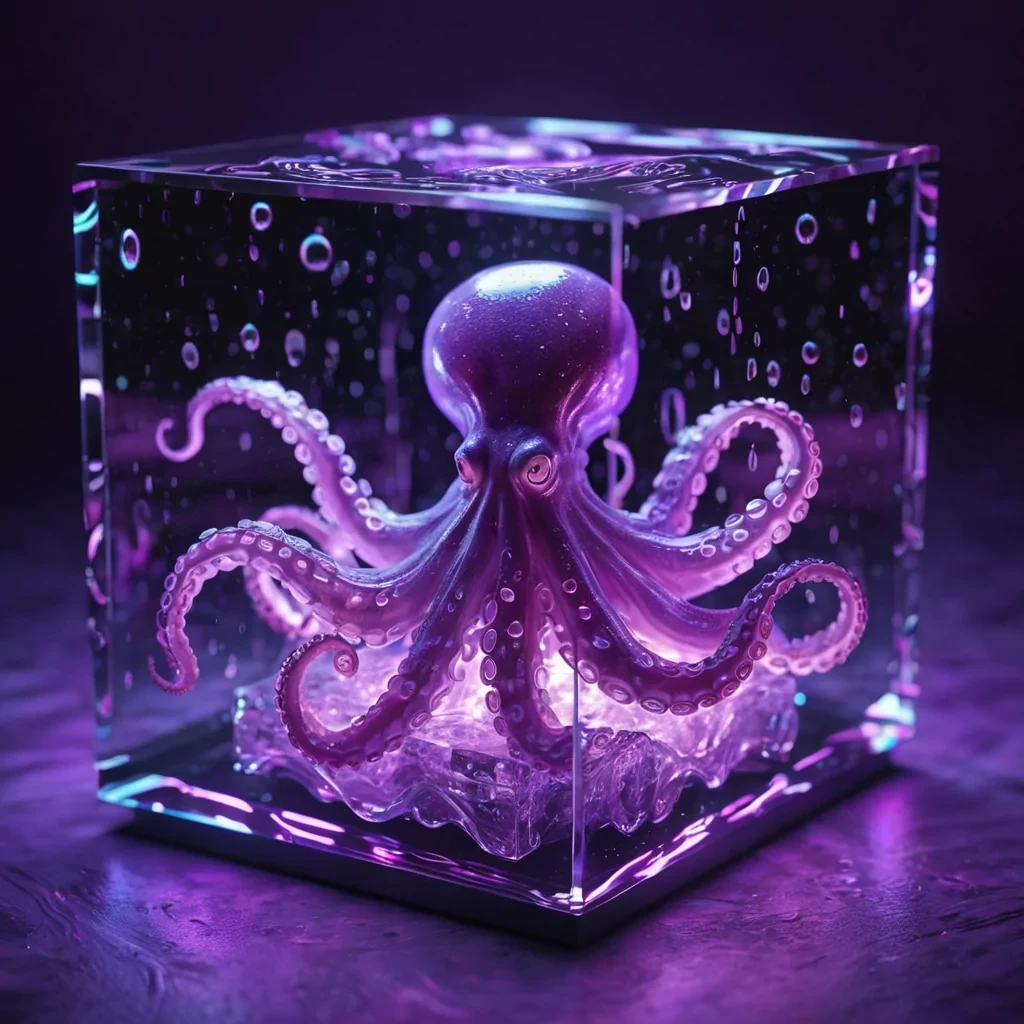 Hyperrealistic neon octopus with reflective metallic tentacles swirling in a cubic amethyst chamber filled with glowing quantum droplets, holographic waves undulating in volumetric lighting, soft focus, vibrant colors, 4K