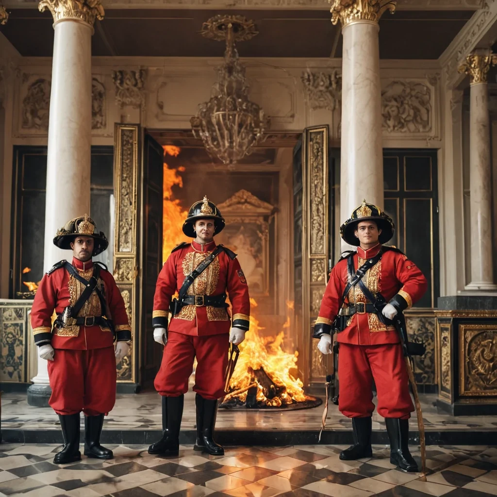 With guards and firemen, the handsome king put out a fire in the palace