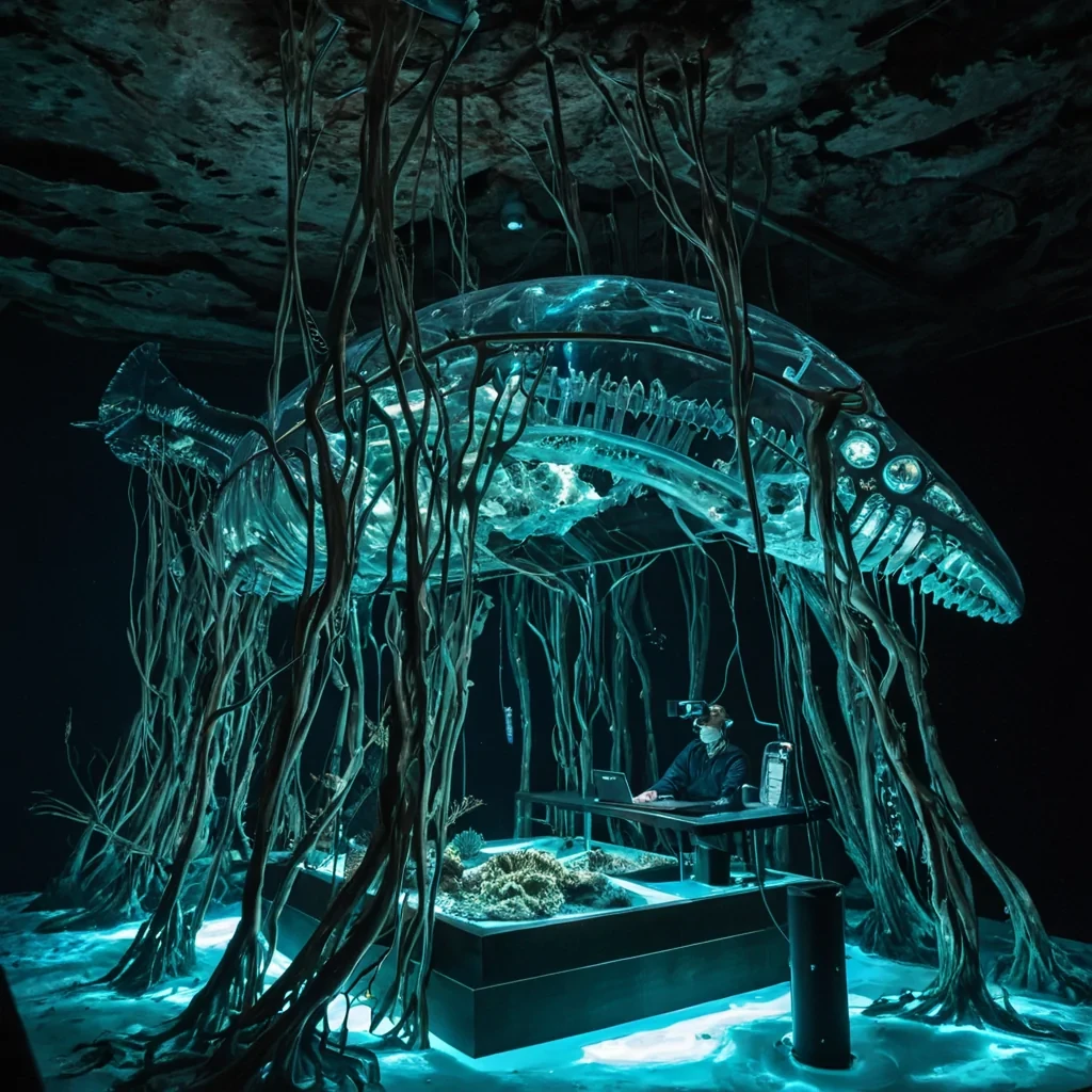 A horizontal, eyelevel wide shot of a submerged, suboceanic laboratory built inside the hollowedout shell of a colossal, ancient whale skeleton resting on a bed of soft, luminescent kelp forest. The ribs of the skeleton arch overhead, supporting a transparent membrane of bioluminescent gel that filters the sunlight from the surface into shifting hues of deep azure and teal. Inside the ribcage, delicate, floating workstations crafted from polished driftwood and clear acrylic hover at various heights, connected by slender cables that glow with pulsing data streams. In the center, a marine biologist with translucent, scalelike skin and large, obsidian eyes carefully tends to a cluster of glowing, corallike crystals growing from a central pedestal.