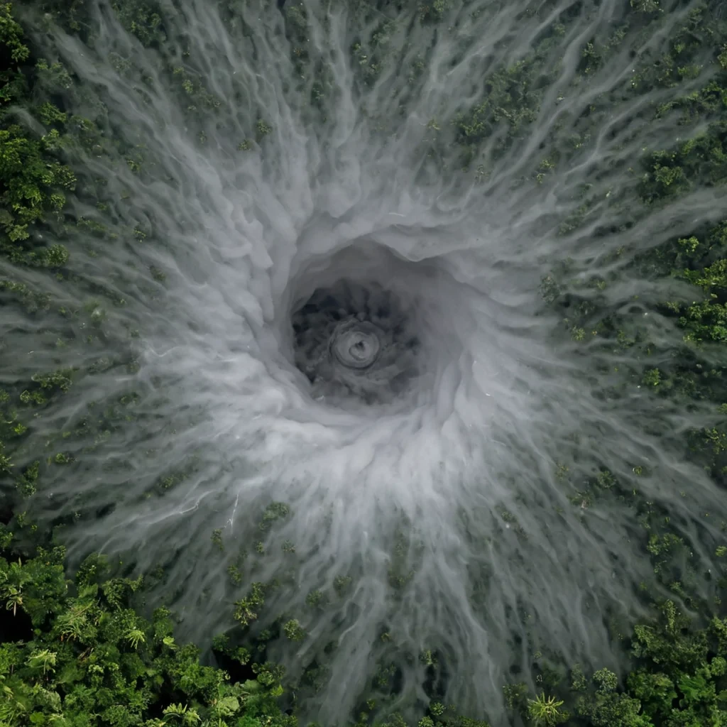 A single, selfsiphoning vortex of reversed humidity, shaped like a 289dimensional torus of unformed condensation and inverted atmosphere, churns at the center of a vast, inverted rainforest of solidified drynesseach root carved from the exact moment between a dewdrop forming and its refusal to fall, a cloud gathering and dissolving into nonaqueous mist, a thunderstorm building and collapsing into pure, uncharged stillness. The vortex does not moistenit unmoistens, each spiraling filament shedding a layer of hydrometric potential that never coalesced into a shared downpour, reforming into ephemeral, amethystthreaded afterimages shaped like the negative space between two lungs