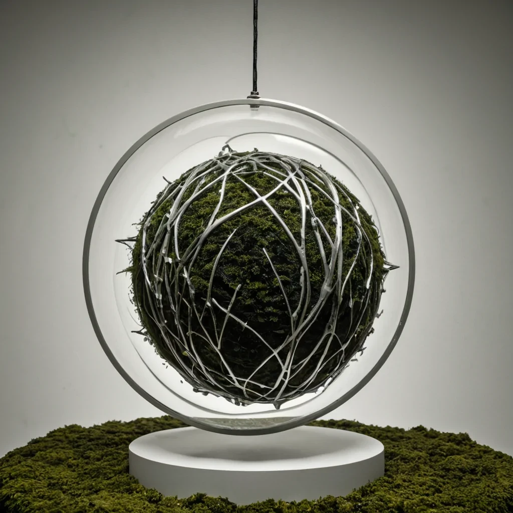 A vertical, ultrawide photorealistic composition depicting a colossal, suspended sphere of woven, matte sagegreen moss floating in a sterile, white void. The moss is not organic but structured as a complex, interlocking lattice of thick, fibrous cords that twist and loop around one another, creating a dense, textured surface that absorbs light softly. Piercing the center of the moss sphere is a jagged, crystalline shard of raw, unpolished obsidian, sharp and black, which reflects the surrounding white space with a distorted, rippled clarity. Emanating from the obsidian shard is a delicate, fractal pattern of thin, glowing threads of pale silver liquid metal, spreading outward like lightning frozen in time, tracing the contours of the