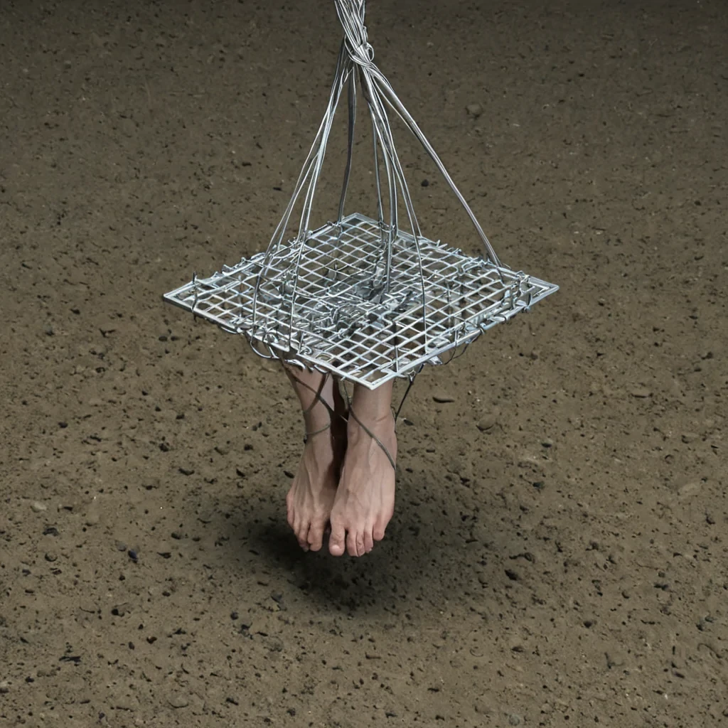 A single, selffragmenting filament of reversed gravity, shaped like a 13,429dimensional lattice of unformed weight and inverted pull, floats at the center of a vast, inverted well of solidified levitation. Each node is forged from the exact moment between a foot stepping forward and its refusal to descend, a stone released from a hand and dissolving into nonfall, a body suspended in air and collapsing into pure, unmeasured nonpressure. The lattice does not anchor massit unanchors it, each shimmering junction shedding a layer of gravitational potential that never coalesced into touch, resistance, or the weight of being grounded. As it rotates backward through the wells mirrored depths, it leaves behind trails of