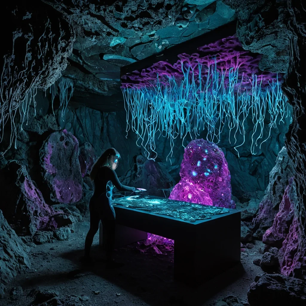 A horizontal, eyelevel medium shot of a clandestine dataarchivists desk situated inside a hollowedout, colossal geode in a subterranean fungal forest. The workspace is a sleek, matteblack carbonfiber slab embedded within the rough, crystalline interior, illuminated by the pulsating, bioluminescent glow of thousands of mycelial networks threading through the rock walls in shades of electric cyan and deep magenta. In the center, a technician wearing a translucent, hapticfeedback bodysuit with exposed circuitry gently manipulates a floating, threedimensional holographic map of neural pathways using bare, fingerless gloves. The air is thick with a fine mist of spores that catch the light, creating a shimmering