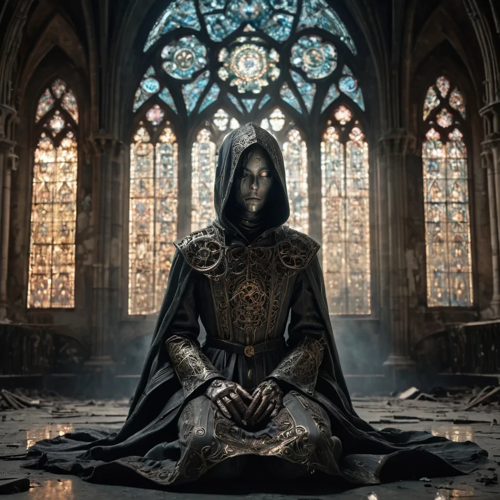 Photorealistic, Ultra HD portrait of a melancholic, sentient automaton, its metallic body adorned with intricate, tarnished filigree, sitting alone in a vast, abandoned cathedral, surrounded by towering, gothic arches and faded, stainedglass windows, with cinematic lighting casting dramatic shadows and emphasizing the intricate, steampunkinspired design, and a subtle, cool bokeh effect creating a sense of isolation and melancholy, as a lone, spectral comet streaks across the night sky, its glowing tail leaving a trail of stardust in its wake, while a spectral, ethereal figure, cloaked in a tattered, hooded robe, stands silently at the edge of