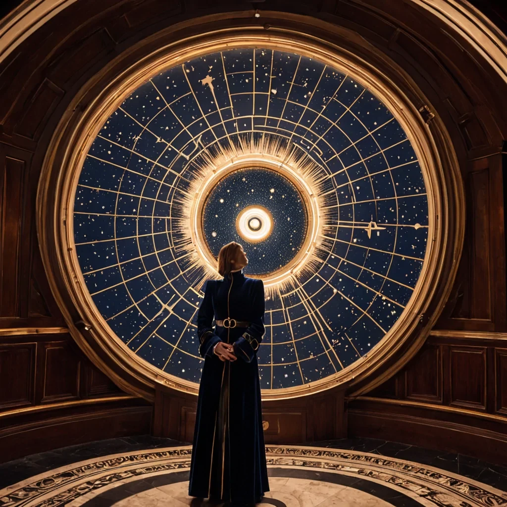 A vertical, eyelevel medium shot of a serene, highceilinged observatory interior constructed from warm, polished mahogany and intricate brass starcharts, where the floor is a vast, circular mosaic of deep, reflective black onyx tiles that mirror the night sky above. In the center, a massive, open astrolabe made of slender, glowing silver rods rotates slowly, projecting concentric rings of soft, amber light that dance across the walls. A figure wearing a tailored, highcollared velvet coat in midnight blue and silverthreaded cuffs stands with hands clasped, gazing upward as a single, radiant beam of pure white light pierces through a small, circular skylight directly above, illuminating dust motes that swirl