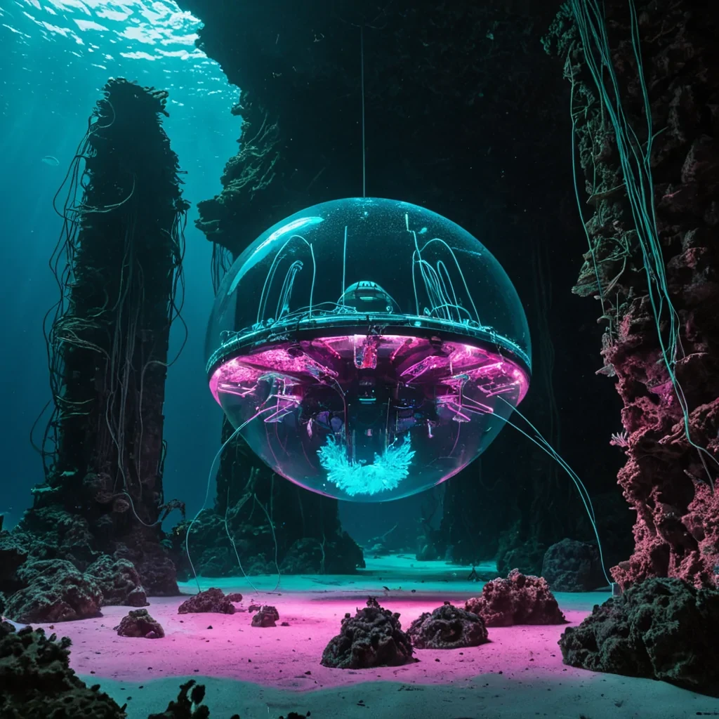 A horizontal, eyelevel wide shot of a silent, underwater archaeological site where the seabed is composed of fine, white silica sand, illuminated by shafts of turquoise sunlight filtering through the surface. Dominating the center is a colossal, abandoned monolith made of smooth, black obsidian, its surface covered in intricate, glowing cyan circuitry that pulses with a slow, rhythmic light. Surrounding the monolith are dozens of suspended, geometric kelp forests, their fronds made of translucent, fiberoptic strands in shades of neon pink and electric blue, swaying gently in the current. In the foreground, a sleek, autonomous submersible drone with a spherical, bubblelike cockpit hovers still, its exterior reflecting the surrounding biolum