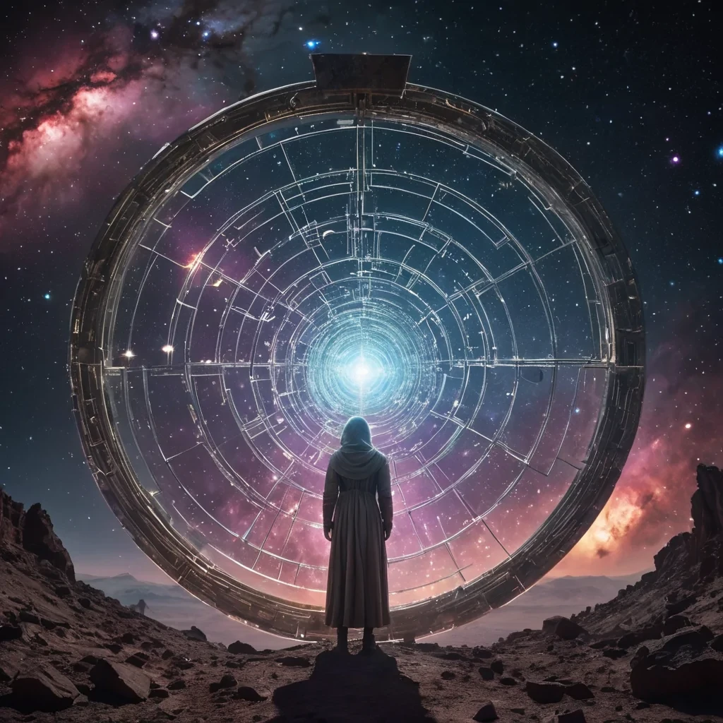 An ethereal, colossal, ancient observatory, its crystalline, geometric frame piercing the heart of a nebula, stands as a silent, celestial sentinel. The observatorys colossal, dormant lens, crafted from a labyrinth of interlocking, iridescent prisms, casts dynamic, ethereal shadows across the celestial expanse, revealing intricate, ancient constellations that pulsate with an otherworldly energy. Within, a spectral figure, clad in a tattered, vintage astronomers uniform, drifts through the desolate space, their form composed of swirling, stardustkissed motes of light. Ultra HD, cinematic volumetric lighting, atmospheric lens flare, vibrant,