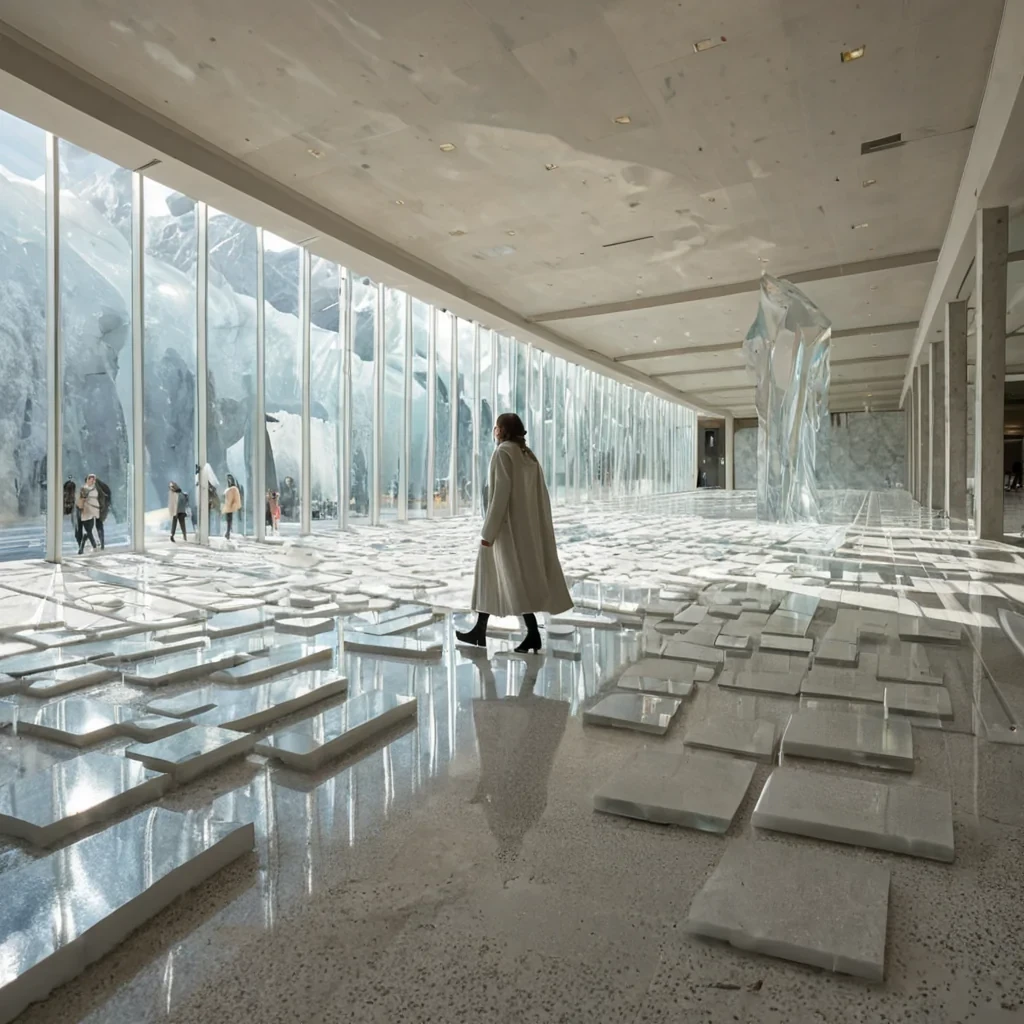 A horizontal, cinematic wideshot of a sprawling, sundrenched plaza constructed from seamless, mattewhite terrazzo, where gravity appears to tilt at a fortyfivedegree angle. Scattered across the floor are dozens of large, transparent acrylic cubes, each containing a suspended, hyperrealistic slice of a different terrestrial biomea miniature desert dune, a frozen glacial peak, a dense tropical canopyfrozen in time with internal mist. In the center, a woman wearing a structured, architectural coat made of stiff, iridescent cellophane walks diagonally across the frame, her shadow stretching long and sharp across the tilted plane. The background features a wall of floortoceiling mirrors that reflect the plaza infinitely, distorting the perspective