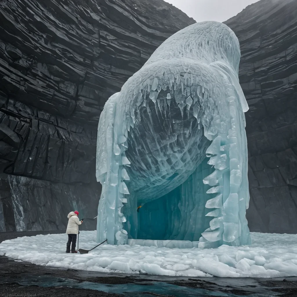 A horizontal, eyelevel wide shot of a vast, circular amphitheater carved directly into the side of a massive, suspended iceberg, where the walls are composed of translucent, iceblue layers trapped with ancient, swirling bubbles. The floor is a polished sheet of black basalt that mirrors the overcast, slategray sky above, creating a sense of infinite depth. In the center, a glacial sculptor with weathered, windswept features and wearing a thick, textured coat of white shearling and teal fur accents stands beside a towering, unfinished statue of a leaping whale carved from clear ice. They hold a slender, heated metal tool that emits a fine mist of steam, which curls around the statues fins in delicate, ethereal