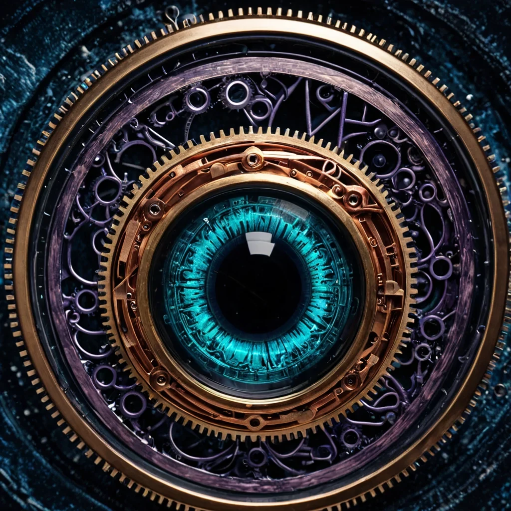 A macro, extremecloseup perspective of a single, oversized mechanical eye constructed from interlocking brass gears, polished obsidian lenses, and delicate copper filaments, set against a backdrop of deep, velvety midnight blue. The iris is a complex aperture mechanism made of translucent, amberhued resin, through which tiny, glowing embers float like suspended stars. Surrounding the central orb are concentric rings of etched silver metal, each inscribed with microscopic, glowing runic symbols in varying shades of electric violet and teal. The lighting is dramatic and directional, casting sharp, highcontrast shadows that emphasize the intricate textures of the metal and the smooth, glassy surface of the lens. The composition is symmetrical and hypnotic, rendered