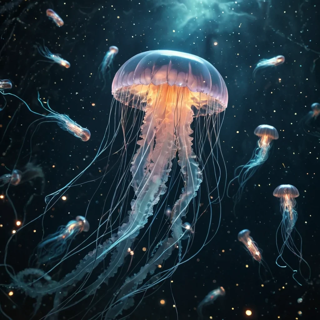 A luminescent jellyfish floating in the void of space, its tentacles trailing stardust, surrounded by a swarm of bioluminescent fireflies, hyperrealistic, ultra HD, cinematic lighting, volumetric lighting, atmospheric effects, soft focus, pastel tones, detailed textures.