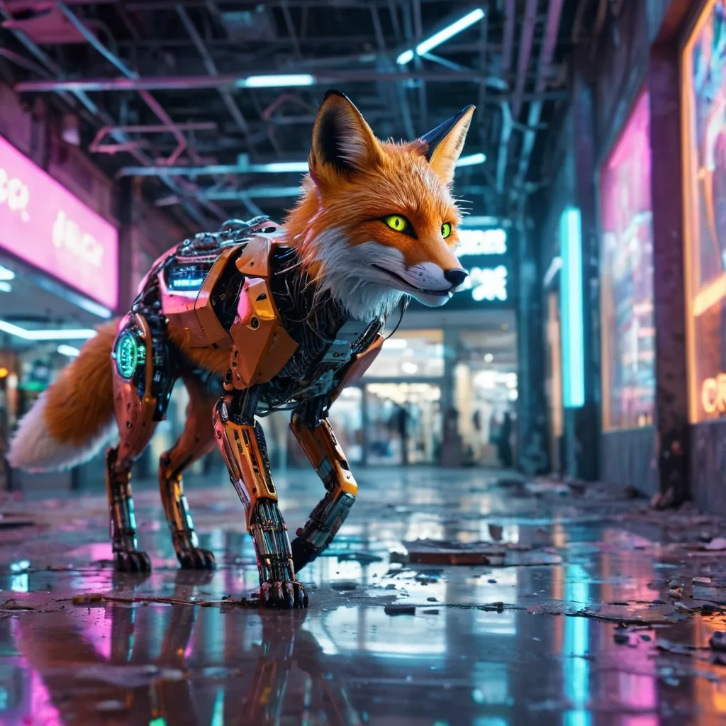 A cybernetic fox prowling through a neonlit, abandoned shopping mall, its mechanical eyes reflecting holographic advertisements, hyperrealistic, 4K, cinematic lighting, volumetric lighting, atmospheric effects, dynamic lighting, bokeh effect, soft focus, lens flare, vibrant colors, detailed textures.