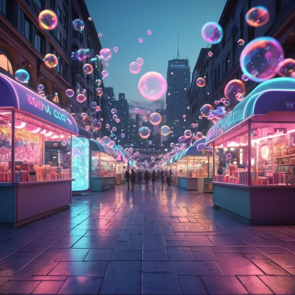 Hyperrealistic neon bazaar at twilight with reflective metallic kiosks and swirling holographic bubbles, volumetric lighting, dynamic shadows, bokeh effect, pastel tones, 4K