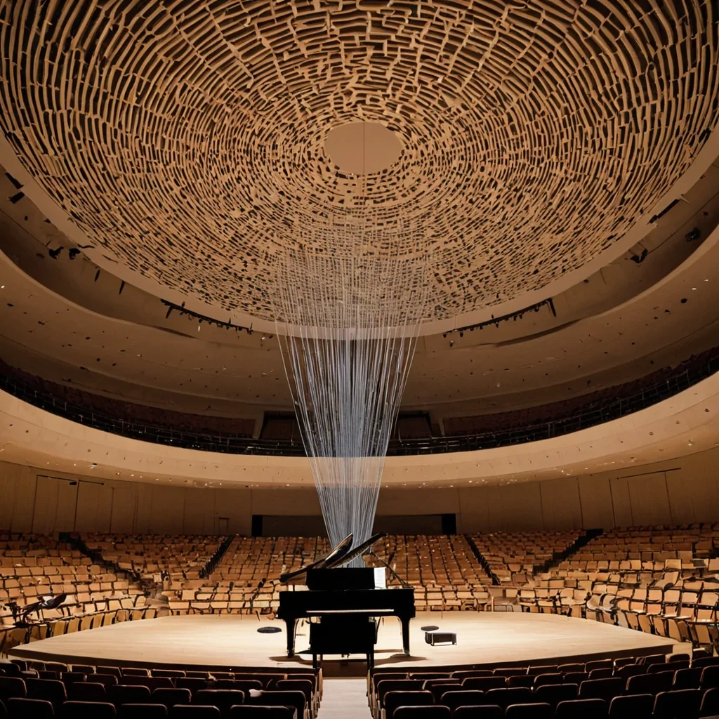 A single, selfoscillating membrane of inverted resonance, shaped like a 413dimensional web of unformed vibration and reversed frequency, thrums at the center of a vast, inverted concert hall of solidified silenceeach seat carved from the petrified instant between a note struck and its refusal to resonate, a chord formed and its sudden collapse into pure null, a voice raised and its immediate unraveling into ambient stillness. The membrane does not vibrateit unvibrates, each trembling filament shedding a layer of harmonic potential that never coalesced into a shared symphony, reforming into ephemeral, jadeveined afterimages shaped like the negative space between two lips that never parted to sing, suspended in