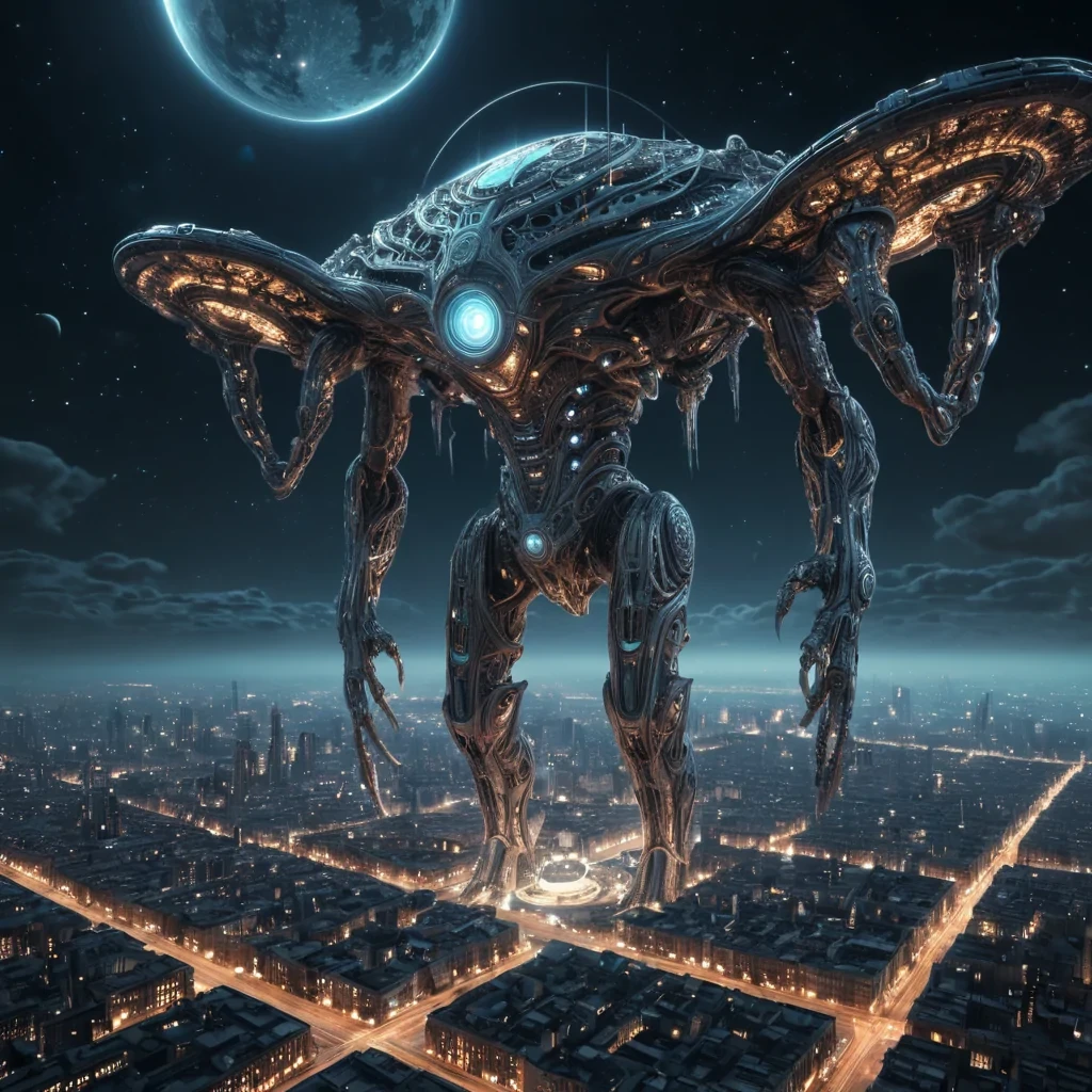 Photorealistic, Ultra HD, colossal, ancient, cinematic, levitating, crystalline colossus, its detailed, fractal surface adorned with intricate, 4K, neonlit filigree, hovers silently over a desolate, alien, neonlit metropolis. The colossus massive, volumetric, antigravity engines cast intricate, atmospheric shadows across the urban landscape, while its powerful, cinematic searchlights, crafted from swirling, neonlit vortexes, illuminate the distant, swirling galaxies, creating a soft, ethereal bokeh effect that dances with the scenes lens flare, as the rhythmic, atmospheric calls of unseen creatures echo through the thin, atmospheric air.