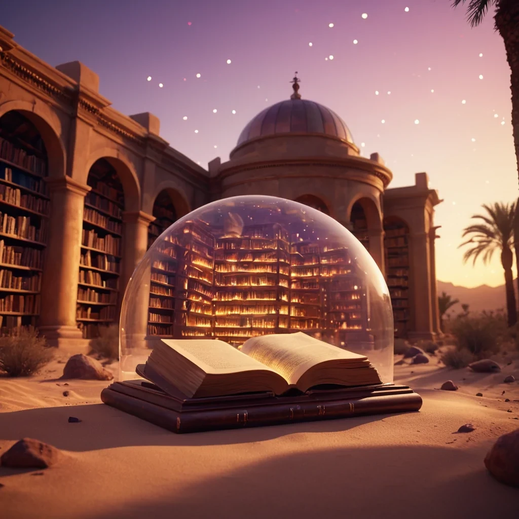 A levitating, glassdomed library filled with ancient, glowing manuscripts, floating above a serene, desert oasis at sunset, hyperrealistic, 4K, cinematic lighting, volumetric lighting, atmospheric effects, dynamic lighting, bokeh effect, soft focus, lens flare, warm golds, rich reds, and deep purples, detailed textures.