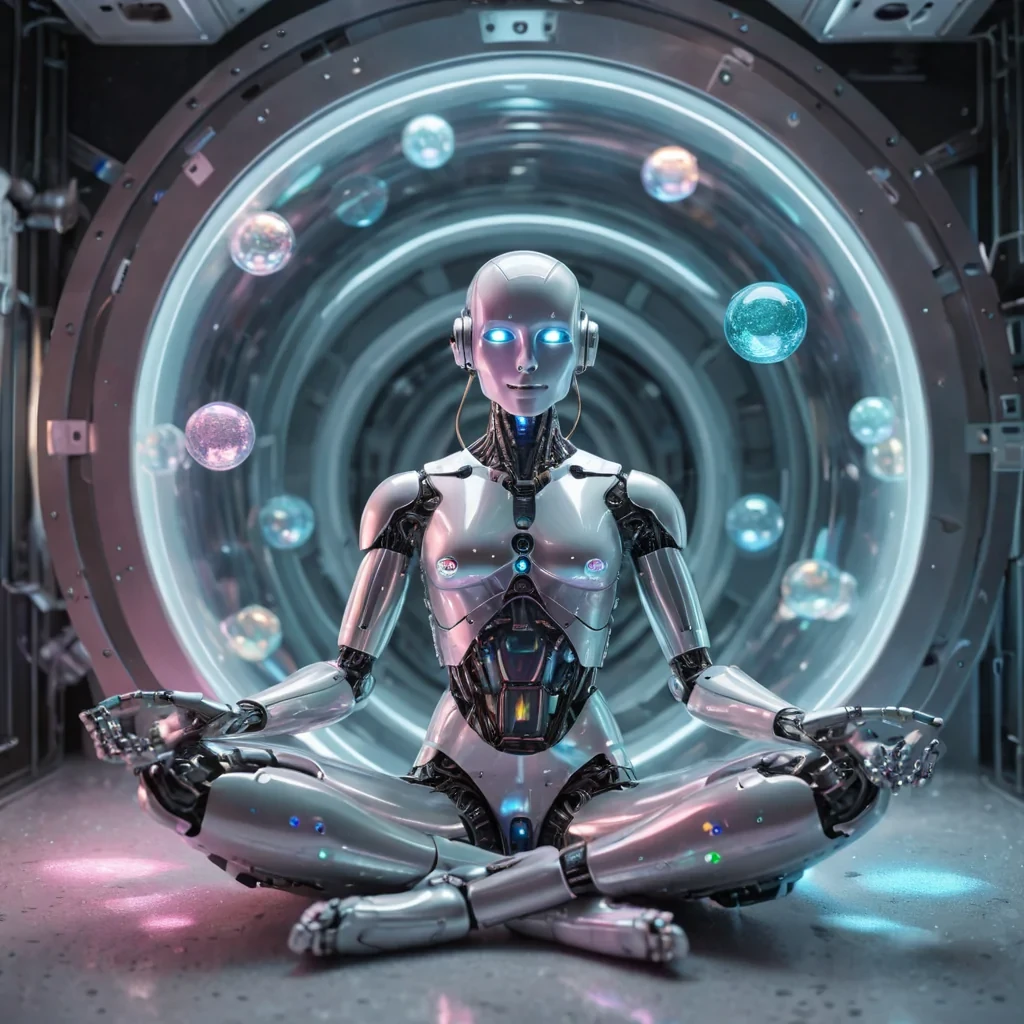 A sentient, crystalshaped robot meditating in a zerogravity chamber filled with floating, iridescent orbs, hyperrealistic, Ultra HD, volumetric lighting, atmospheric effects, soft focus, pastel tones, detailed textures.