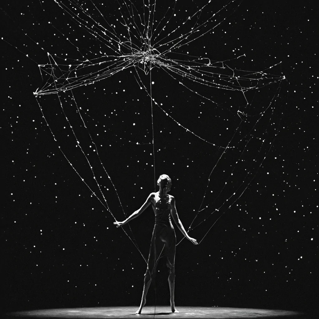 A single, selfrewriting constellation of inverted syntax, shaped like a 513dimensional knot of unformed grammar and reversed narrative logic, pulses at the center of a vast, inverted theater of solidified silenceeach curtain frozen middraw at the exact moment between a line being delivered and its refusal to be heard, a character stepping onto stage and dissolving into nonembodied shadow, a spotlight flickering and unraveling into nonilluminated darkness. The constellation does not tellit untells, each shimmering node shedding a layer of storytelling potential that never coalesced into a shared plot, reforming into ephemeral, amethystthreaded afterimages shaped like the negative space between two mouths that never spoke the