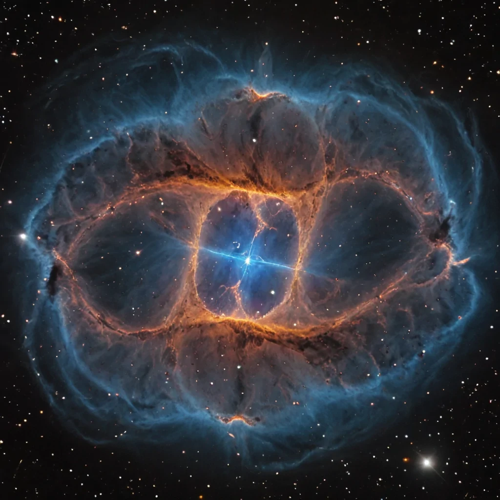 A single, selfilluminating filament of solidified stardust, shaped like a fractalized, bioluminescent thread of reversed cosmic memory, drifts through the center of a vast, inverted nebula composed of compressed, unobserved moments of first contact from a civilization that communicated through the duration of synchronized, silent gazing into the void. The filament does not emit lightit unremembers, each pulse dissolving a layer of recognition that never coalesced into a shared awe, reforming into ephemeral, sapphireveined afterimages shaped like the negative space between two eyes that never witnessed the same star in the same moment of mutual wonder. The nebula is not gaseousit is a layered