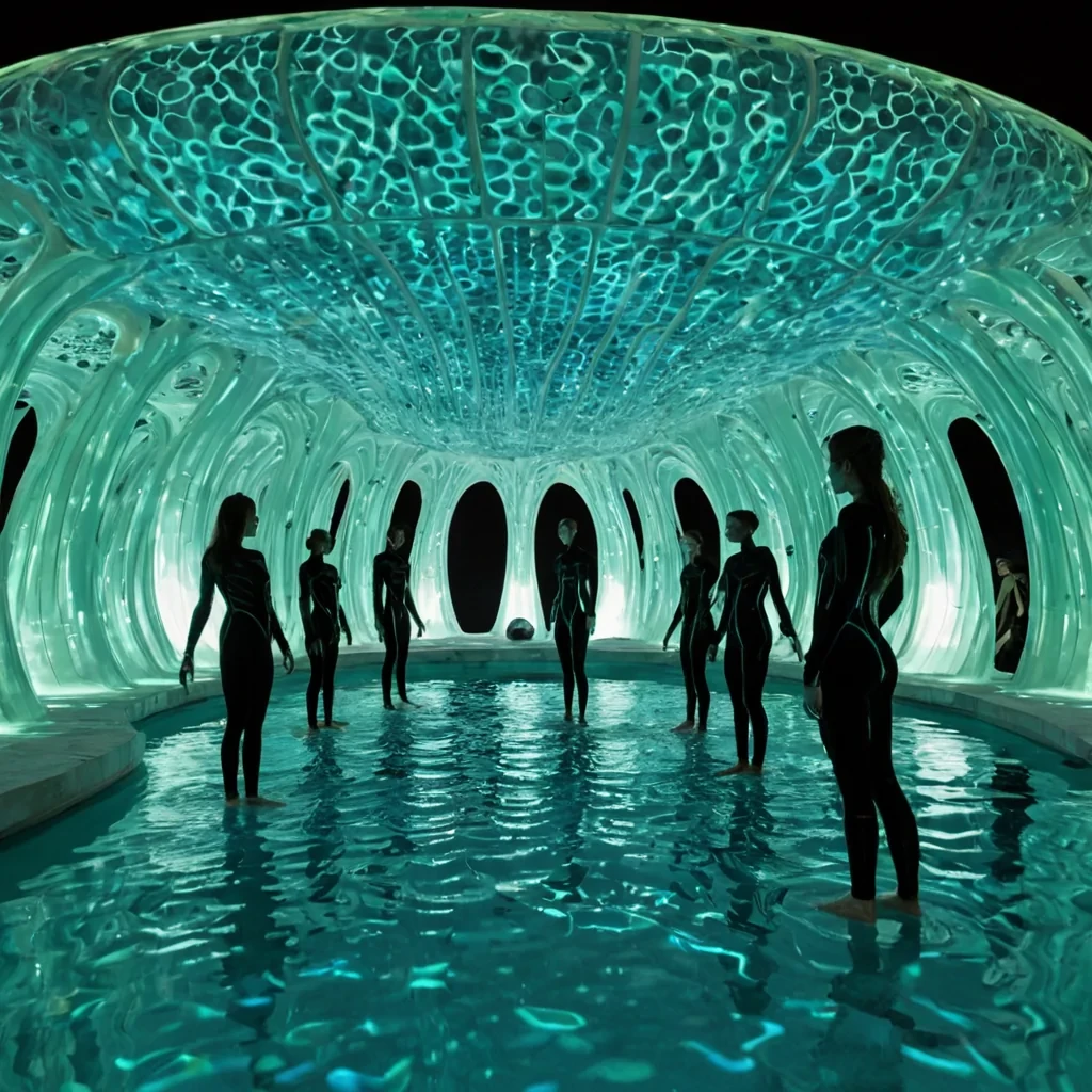 A vertical, lowangle wide shot of a futuristic, submerged amphitheater built entirely from fused, iridescent motherofpearl and reinforced glass, situated at the bottom of a crystalclear, turquoise lagoon in a tropical archipelago. The architecture features sweeping, organic curves that mimic the shells of giant nautiluses, with tiered seating carved directly into the luminescent white walls that pulse with a soft, rhythmic cyan glow. In the center of the openair performance space, a group of performers wearing sleek, translucent hydrosuits with embedded bioluminescent algae create intricate, swirling patterns of neon blue and green light as they dance in the shallow water. The surface above reflects the bright, sunny sky with gentle