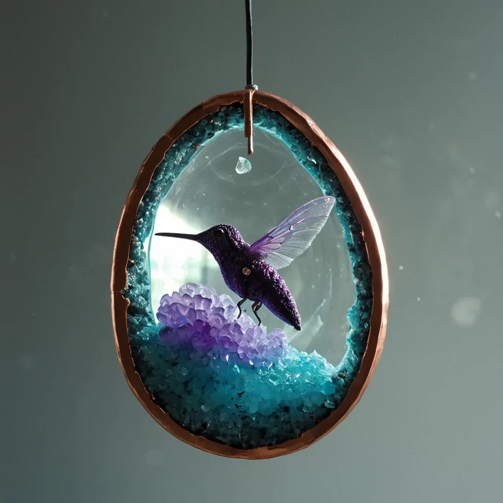 A hyperrealistic, lowangle macro shot of a suspended, hollowedout geode shell crafted from translucent, pale blue quartz, floating in a misty, sundrenched atrium with floortoceiling glass walls. The interior of the geode is not filled with crystals, but with a dense, miniature ecosystem of bioluminescent moss and tiny, glowing fungal caps in shades of electric violet and soft teal, which cling to the rugged inner walls. Suspended in the center of the geodes cavity is a delicate, mechanical hummingbird constructed from thin, polished copper wires and tiny, rotating fan blades made of iridescent beetle wings, captured in midhover with motion blur on its wings. Sunlight streams through the quartz