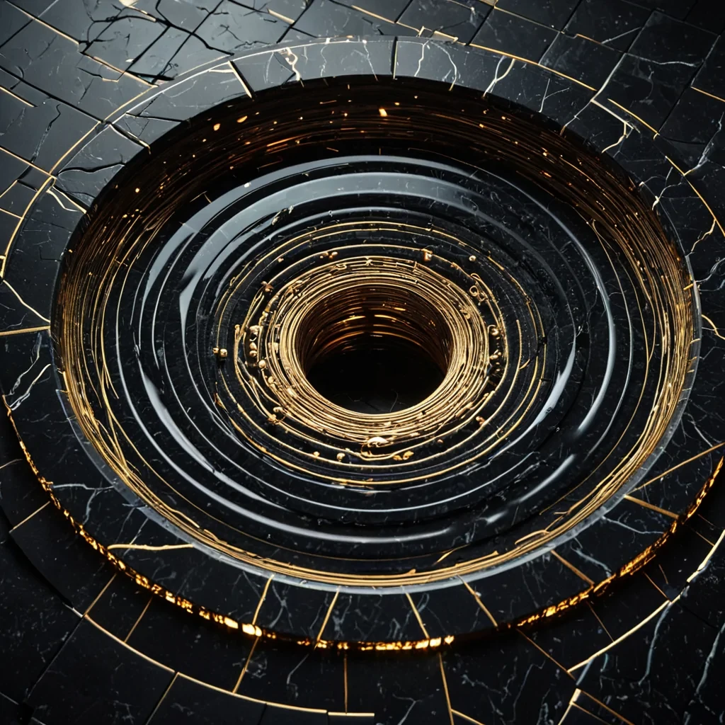 A hyperrealistic, overhead macro shot of a vast, circular arena floor composed of seamless, dark, matte slate, where a complex, threedimensional geometric puzzle is being solved by a swarm of thousands of tiny, transparent, hollow glass spheres. Each sphere is filled with a different rare, inert gas that glows with a unique, distinct hue, creating a shifting mosaic of spectral colors that ripple and swirl as an invisible magnetic field stirs the array. In the center of the formation, a single, massive, rotating torus made of polished, obsidian black marble with gold inlay spins slowly, its surface etched with microscopic, glowing equations in a fictional, angular script. The lighting is dramatic and highcontrast, with sharp, white