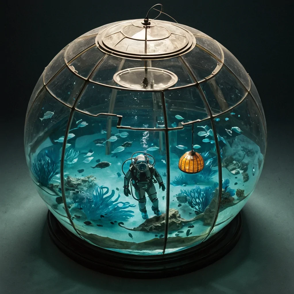 A horizontal, eyelevel wide shot of a submerged, ancient archive located within a vast, pressurized sphere of clear hydrogel, where the floor is a grid of floating, rectangular slabs of frosted glass that emit a soft, bioluminescent azure glow. Suspended in the gel are thousands of delicate, origamistyle paper boats crafted from translucent vellum, each containing a miniature, fully realized scene of a different historical era rendered in watercolor. In the center, a figure wearing a streamlined, pearlwhite diving suit with articulated joint armor slowly swims upward, holding a lantern that projects beams of warm, amber light, illuminating the intricate details of a nearby boat depicting a bustling Victorian street. The atmosphere is serene and weight